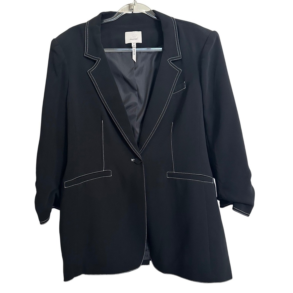 Cinq a Sept Black Contrast Stitch Khloe Ruched Sleeve Blazer Jacket 16